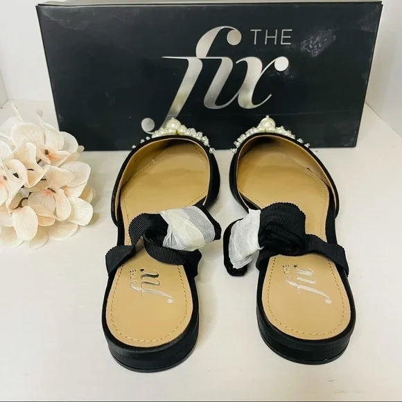 The Fix Women's Porter Pointed Toe Ankle Wrap Flat Slide Pearls Black. - Picture 5 of 7